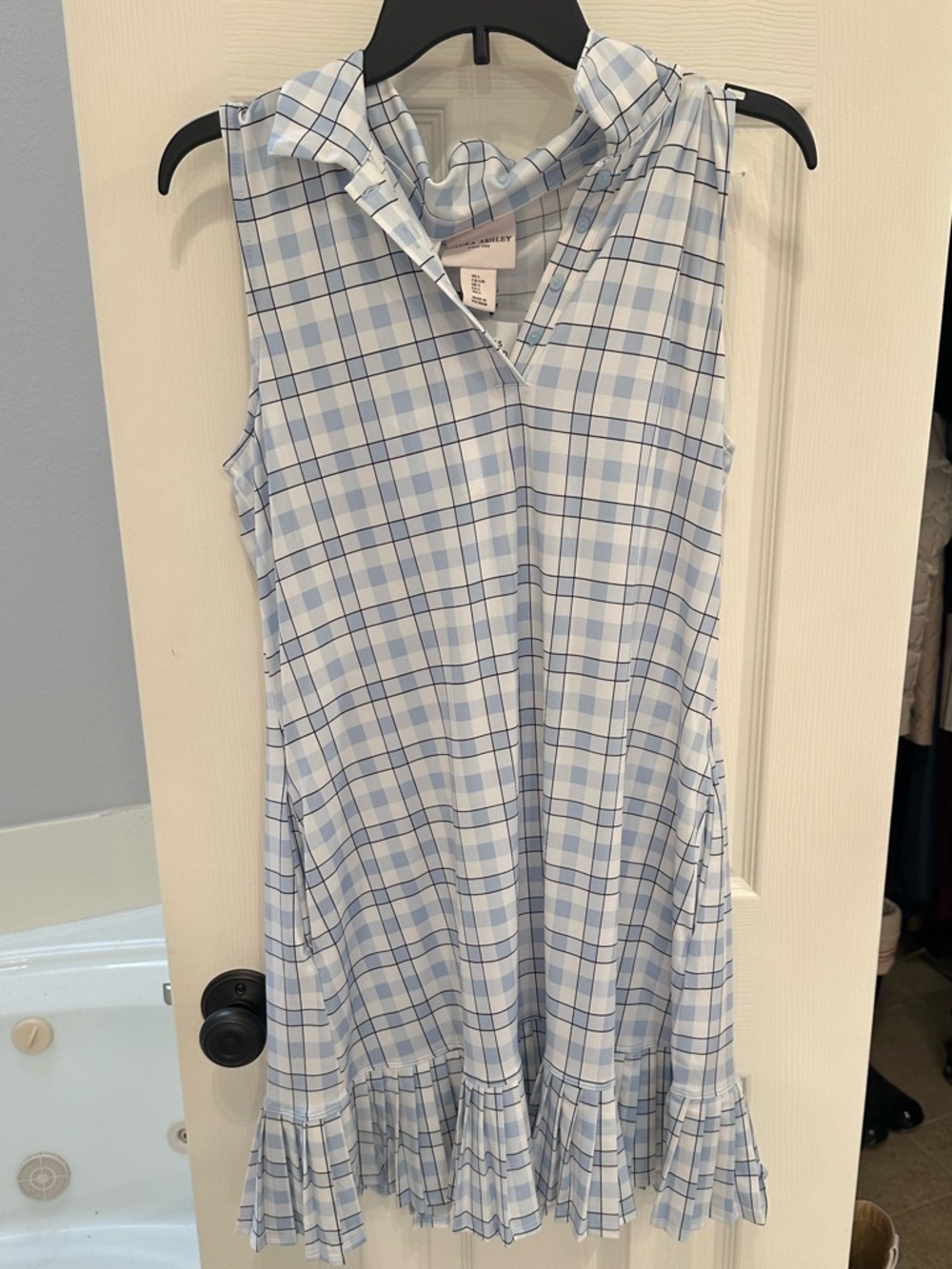 Laura Ashley Light Blue and White Plaid Sleeveless Dress with Ruffle Hem